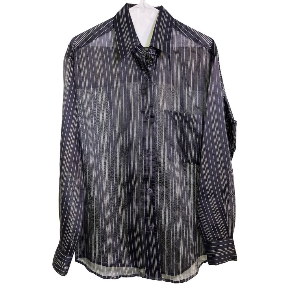 Ellen Tracy Navy Sheer Striped Button Down Blouse Women’s 8 Evening Party Top